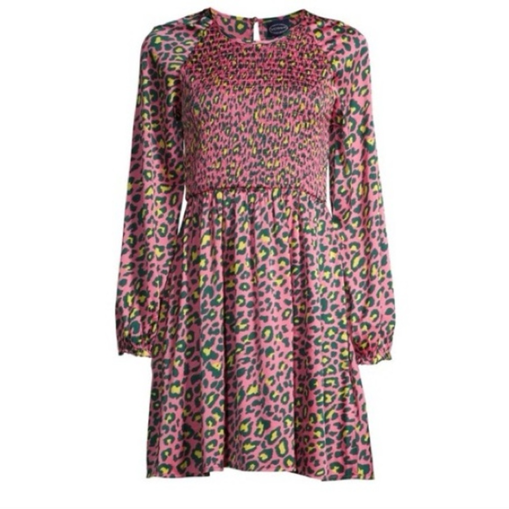 NEW‎ Scoop Smocked Pink Leopard Print Long Sleeve Mini Dress - Medium